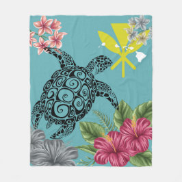 Hawaii Kanaka Turtle Hibiscus Plumeria Tropical Fleecefilt