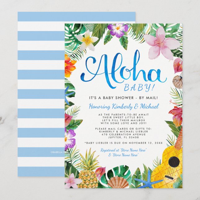 Hawaii Luau Baby Shower efter post| Blå Inbjudningar (Fram/baksida)