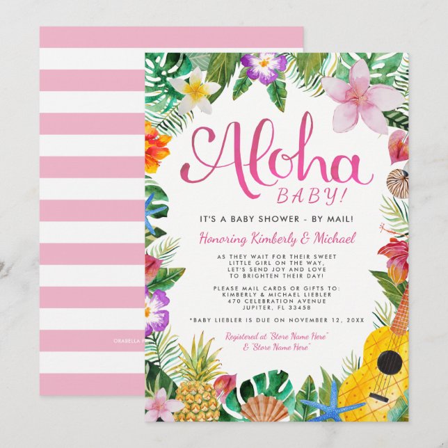 Hawaii Luau Baby Shower efter post| Rosa Inbjudningar (Fram/baksida)