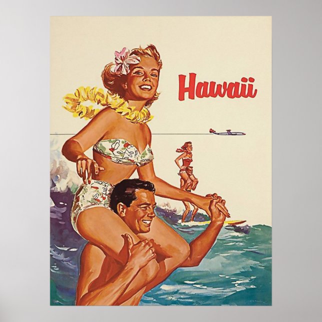 Hawaii, lycklig surfande par, vintage resor poster (Framsidan)