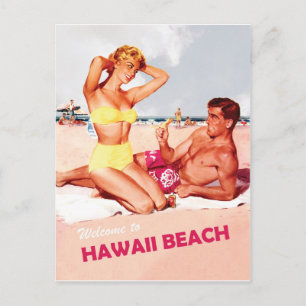 Hawaii, lyckligt surfande par, vintage resor vykort