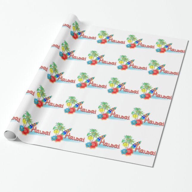 Hawaii med Handflatan, Blommor och surfboard Presentpapper (Utrullad)