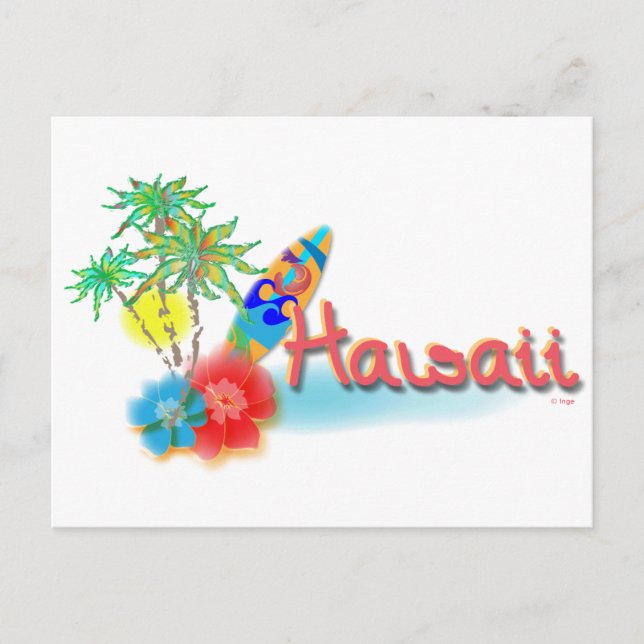 Hawaii med Handflatan, Blommor och surfboard Vykort (Framsida)