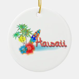 Hawaii med handflatan, blommor och surfingbrädan julgransprydnad keramik