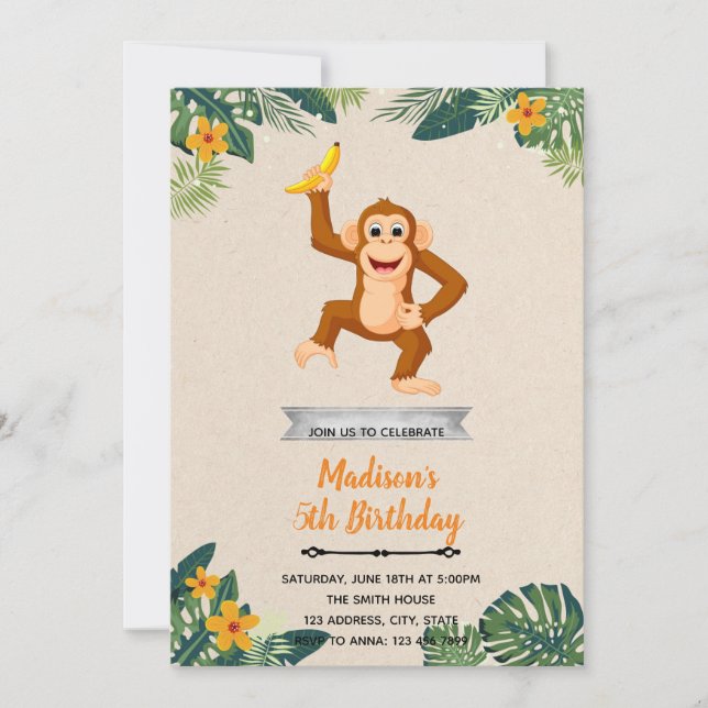 Hawaii monkey födelsedagsfest inbjudan (Framsida)