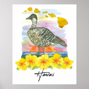 Hawaii öarnas statliga fågel Nene solnedgång Ocean Poster