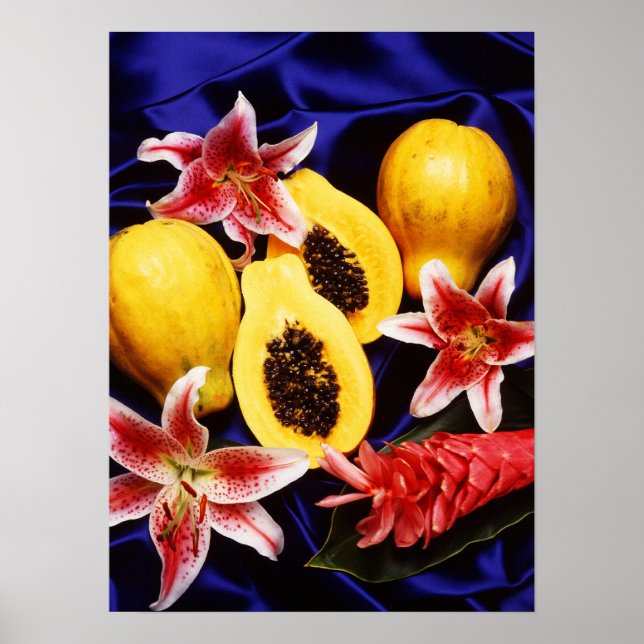 Hawaii papayas med lök och rödingerblommor poster (Framsidan)