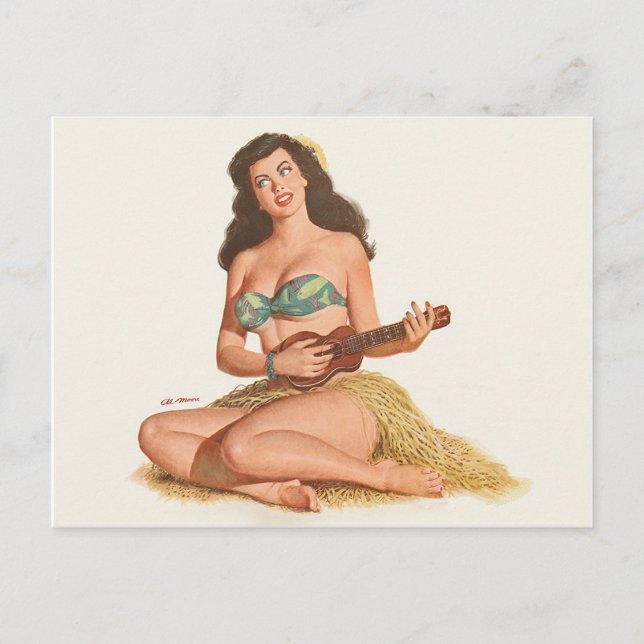 Hawaii pinuppflicka spelar liten gitarr, målning,  vykort (Framsida)