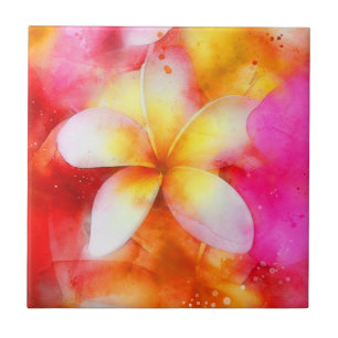 Hawaii Plumeria i Neon Rosa, Gult och White Kakelplatta