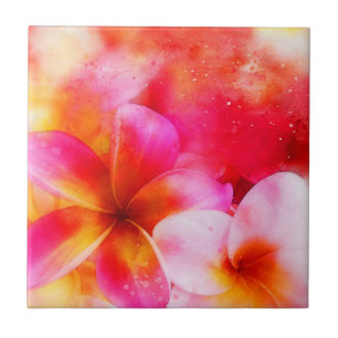 Hawaii Plumeria i Neon Rosa, Gult och White Kakelplatta
