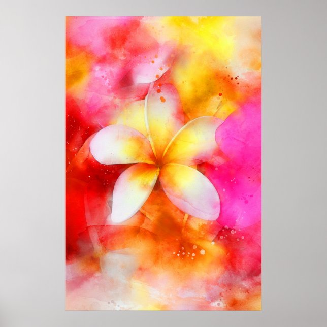 Hawaii Plumeria i Neon Rosa, Gult och White Poster (Framsidan)