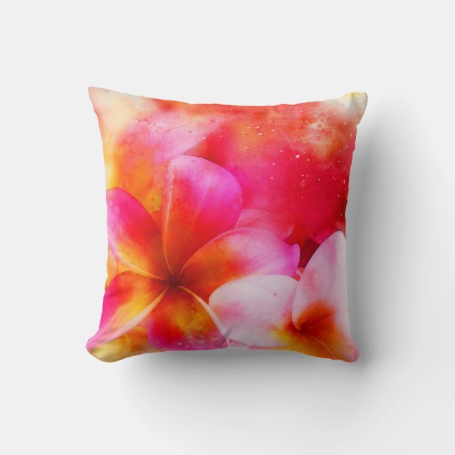Hawaii Plumeria i Rosa, Gult, Orange, vit Kudde (Framsida)
