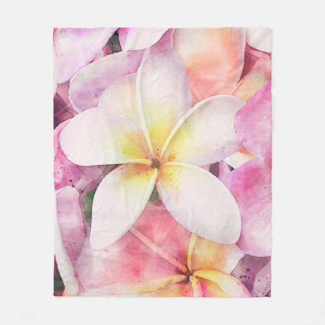 Hawaii Plumeria Tropical Blommigt Watercolor Fleecefilt (Framsidan)