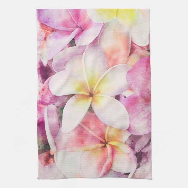 Hawaii Plumeria Tropical Blommigt Watercolor Kökshandduk (Vertikal)