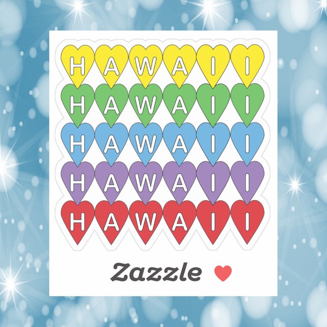 Hawaii Rainbow Hearts Klistermärken (A die cut sticker that says Hawaii in yellow, green, blue, purple, and red hearts.)