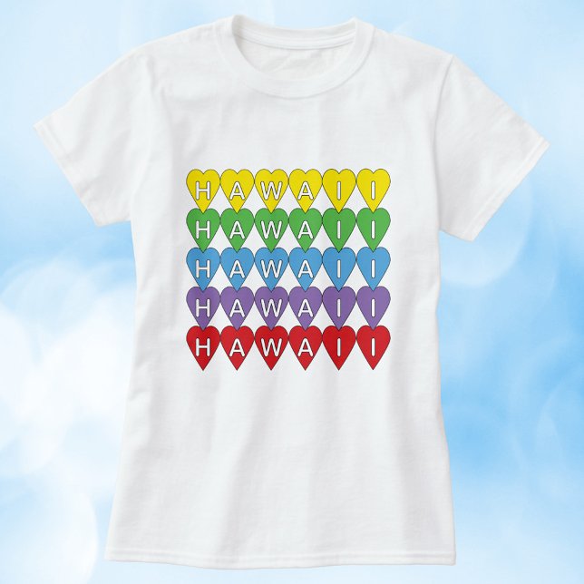 Hawaii Rainbow Hearts T Shirt (A tshirt with a rainbow heart pattern that spells Hawaii.)