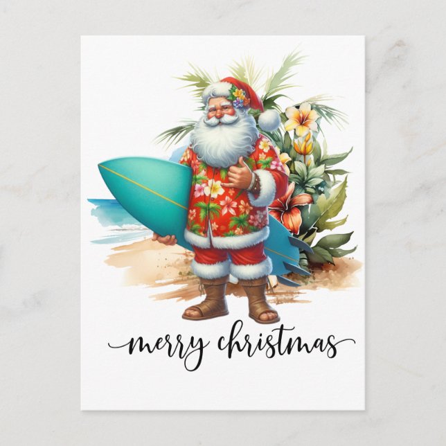 Hawaii Santa Claus is holding surf board Christmas Vykort (Framsida)