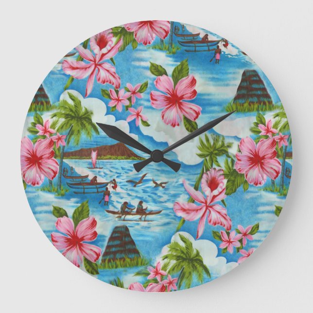 Hawaii Scenes i Pastel Färg Wall Clock Stor Klocka (Framsida)