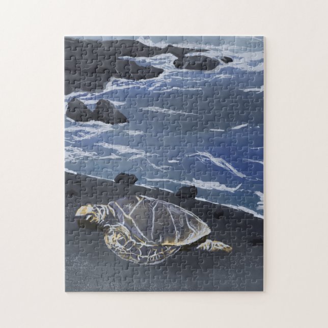 Hawaii Sea Turtle on Black Sand Beach T-Shirt Pussel (Vertikal)