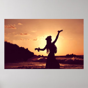 Hawaii, siluett av hula-flicka vid solnedgång, fot poster