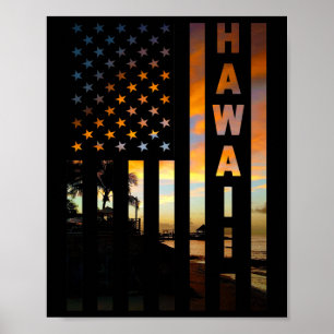 Hawaii Solnedgång Amerikansk Flagga Honolulu Hawai Poster