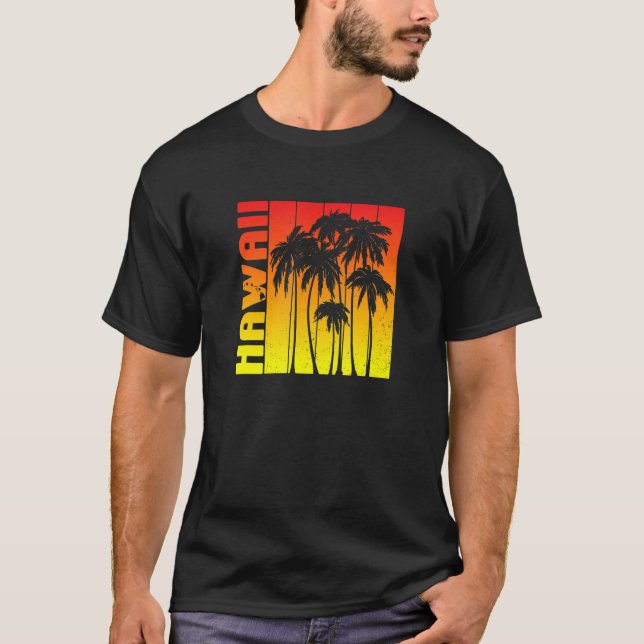 Hawaii Souvenir Palm Trees Sunset Retro T Shirt (Framsida)