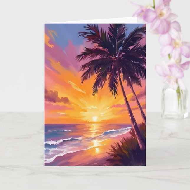 Hawaii Strand Solnedgång Målning Resa Kort (Orkide)
