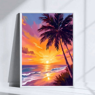 Hawaii Strand Solnedgång Målning Resa Poster