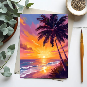 Hawaii Strand Solnedgång Målning Resa Vykort