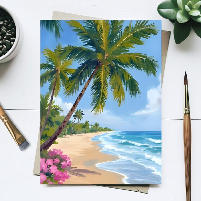 Hawaii Strand Vattenfärg Hav Palmträd Målning Vykort (Skapare uppladdad)