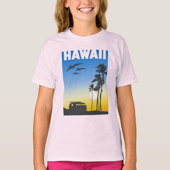 Hawaii Sunset Surfa Dinosaur Girls' T Shirt (Framsida)