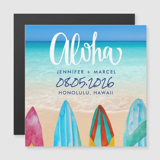 Hawaii Surfboard Aloha Beach Wedding Spara datumet (Fram/baksida)