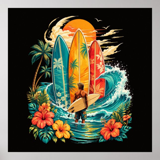 Hawaii Surfbräda Våg Strand Surfare Vintage Poster (Framsidan)
