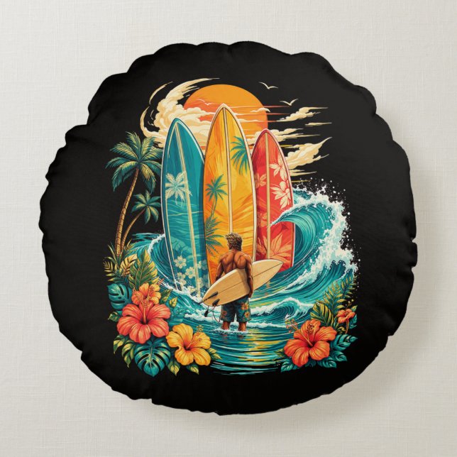 Hawaii Surfbräda Våg Strand Surfare Vintage Rund Kudde (Framsidan)