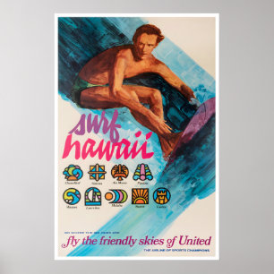 Hawaii Surfing Affisch United Airlines Konst Stor 