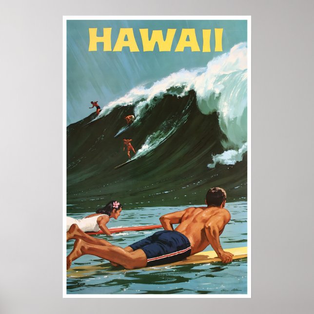 Hawaii Surfing Målning Hawaiianskt Konsttryck Resa Poster (Framsidan)