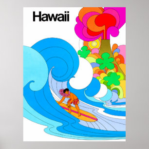 Hawaii, Surfing on big wave, sextiotal illustratio Poster