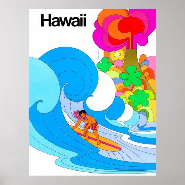 Hawaii, surfing på stor våg, sextio illustration poster (Framsidan)