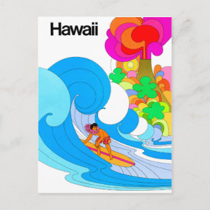 Hawaii, surfing på stor våg, sextio illustration vykort