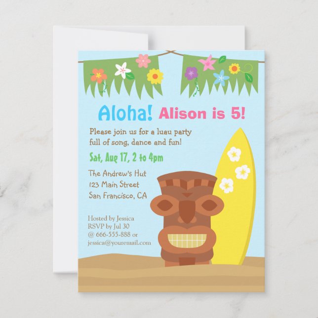 Hawaii Tiki Luau Strandtema Födelsedagsfest Inbjudningar (Framsida)