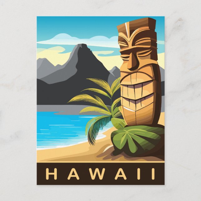 Hawaii, Tiki-staty på stranden, Resa Vykort (Framsida)