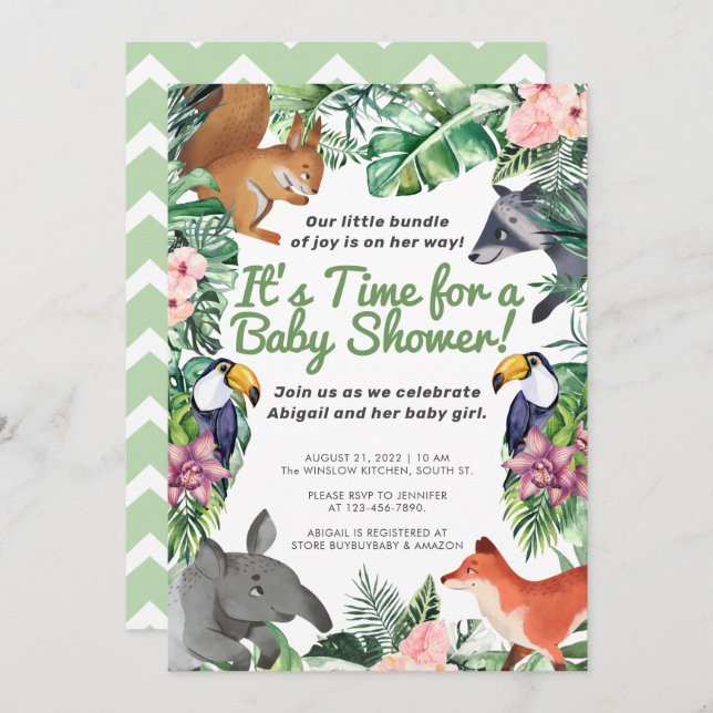 Hawaii Tropical Animals Baby Shower Inbjudningar (Fram/baksida)