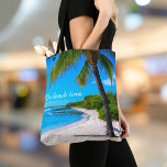 Hawaii Tropical Beach Handflatan Träd på persikoty Tygkasse<br><div class="desc">"På strandtid." Spola tillbaka till minnen av lata, tropiska stranddagar när du användor det här inspirerande hawaisemesterfotot till väskan från en ensam handflatan träd på en sandig, halvmånig strand med tydlig turkos blå himmel och vatten. Gör en underbar gåva till dig själv eller någon speciell! Du kan enkelt anpassa det...</div>
