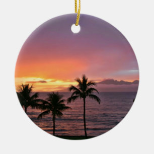 Hawaii tropisk solnedgång på stranden julgransprydnad keramik
