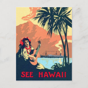 Hawaii tropisk strand, kvinna spelar gitarr på kus vykort