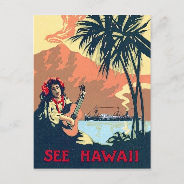 Hawaii tropisk strand, kvinna spelar gitarr på kus vykort (Framsida)