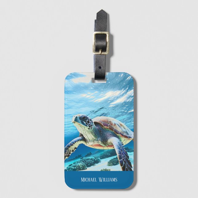 Hawaii Turtle Honu Photo Monogram Bagagebricka (Framsida vertikal)