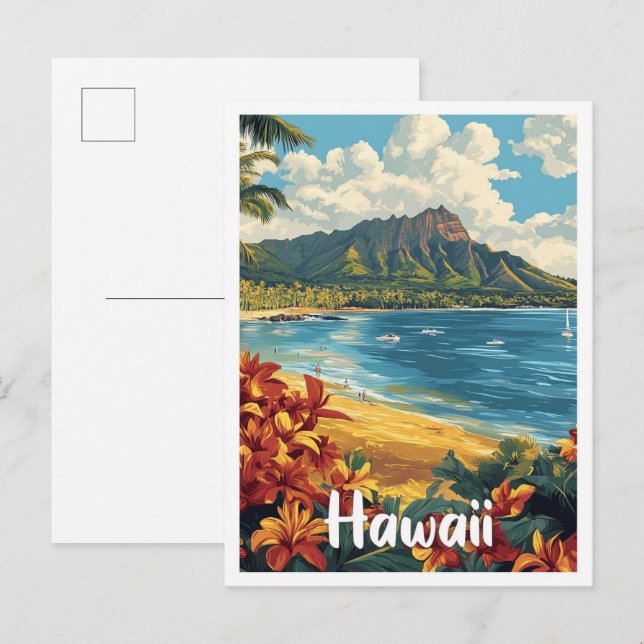 Hawaii USA Art Vintage Illustration Travel Vykort (Fram/baksida)