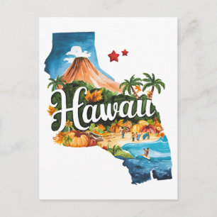 Hawaii USA Delstat Formad Vintage Vattenfärg Vykort