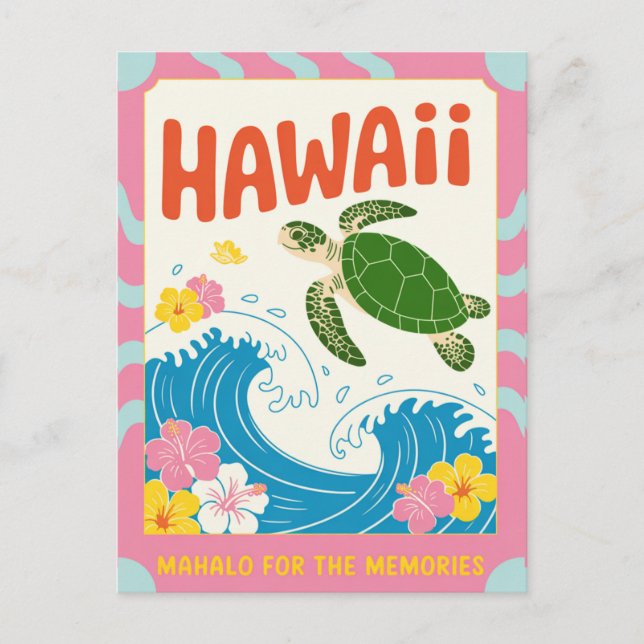 Hawaii USA Retro Sea Turtle Hibiscus Mahalo Vykort (Framsida)